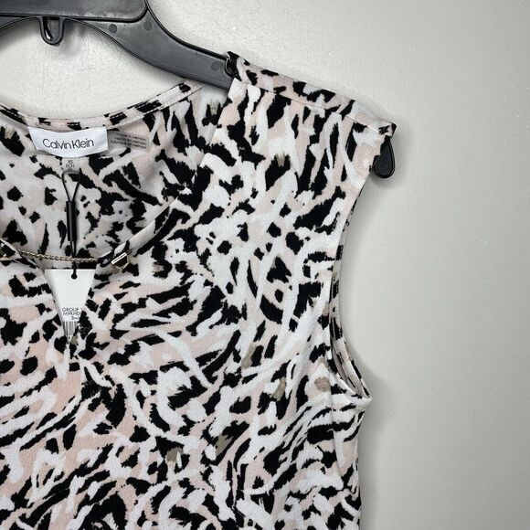 CALVIN KLEIN Sleeveless Top Women XS NEW Ivory-Pink Print Hardware-Detail Career - Picture 2 of 8